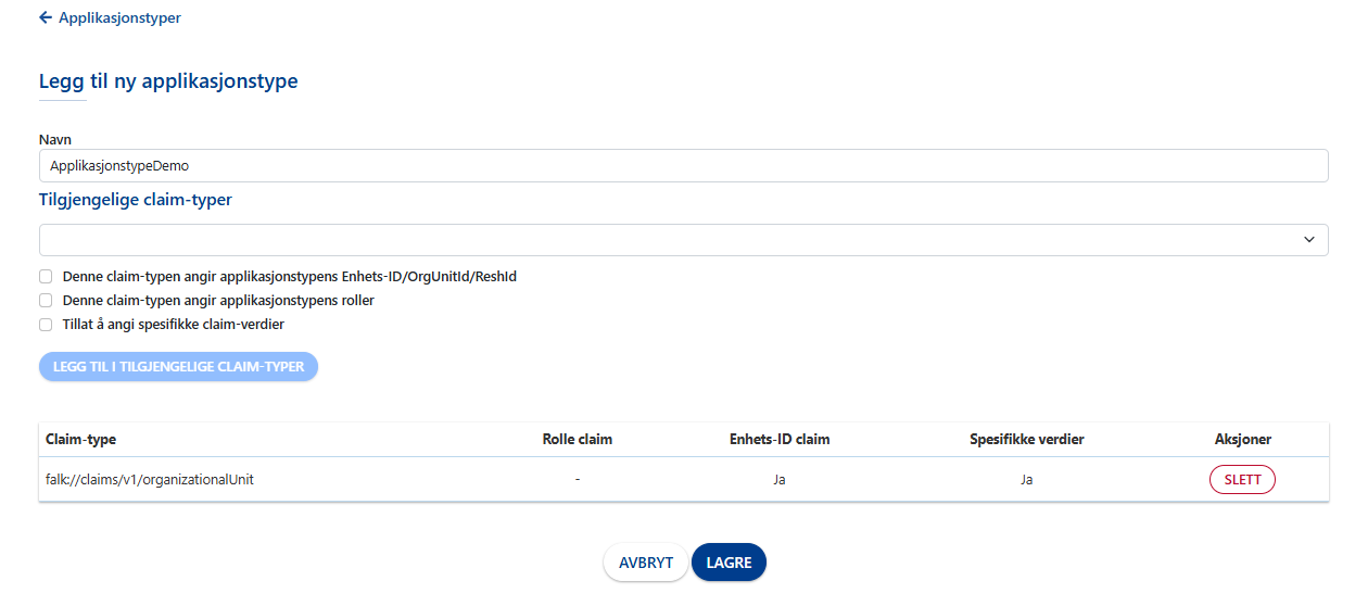 Applikasjonstype med en claim-type lagt til.